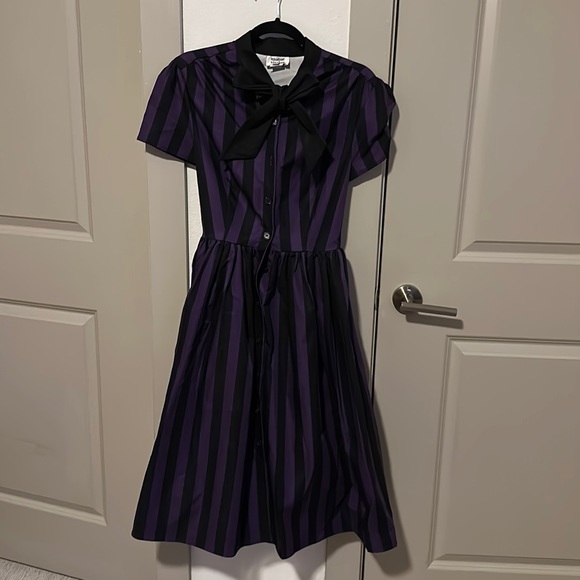 COPY - Unique Vintage Purple & Black Striped Swing Dress - Picture 1 of 3